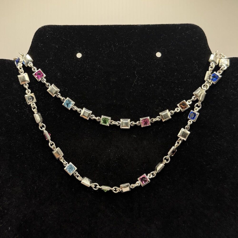 925 Sterling Silver Italy Multicolor Crystal Station Necklace 29" 23.4g